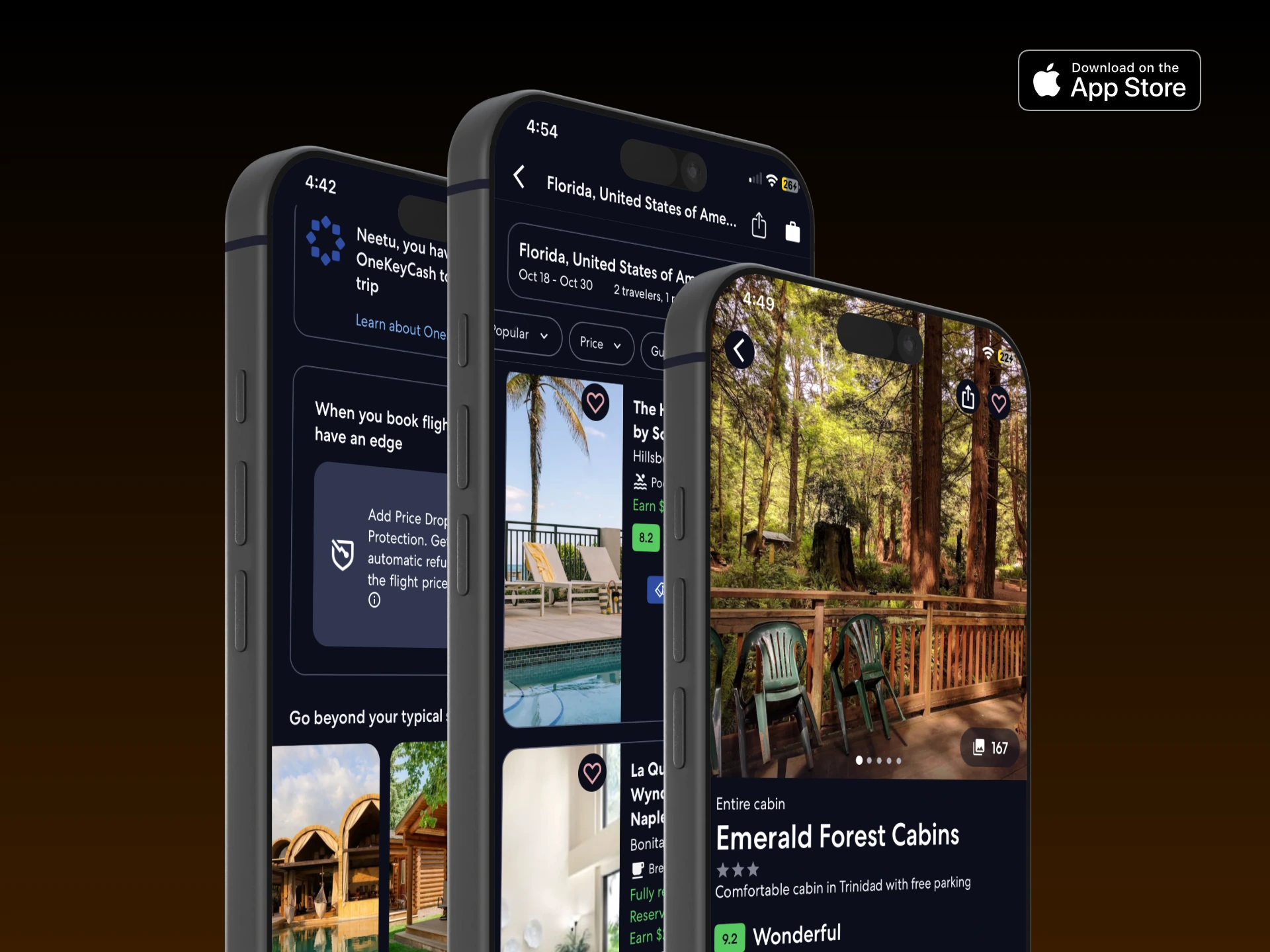 Three angled iPhone displays showing a travel booking interface with destination listings